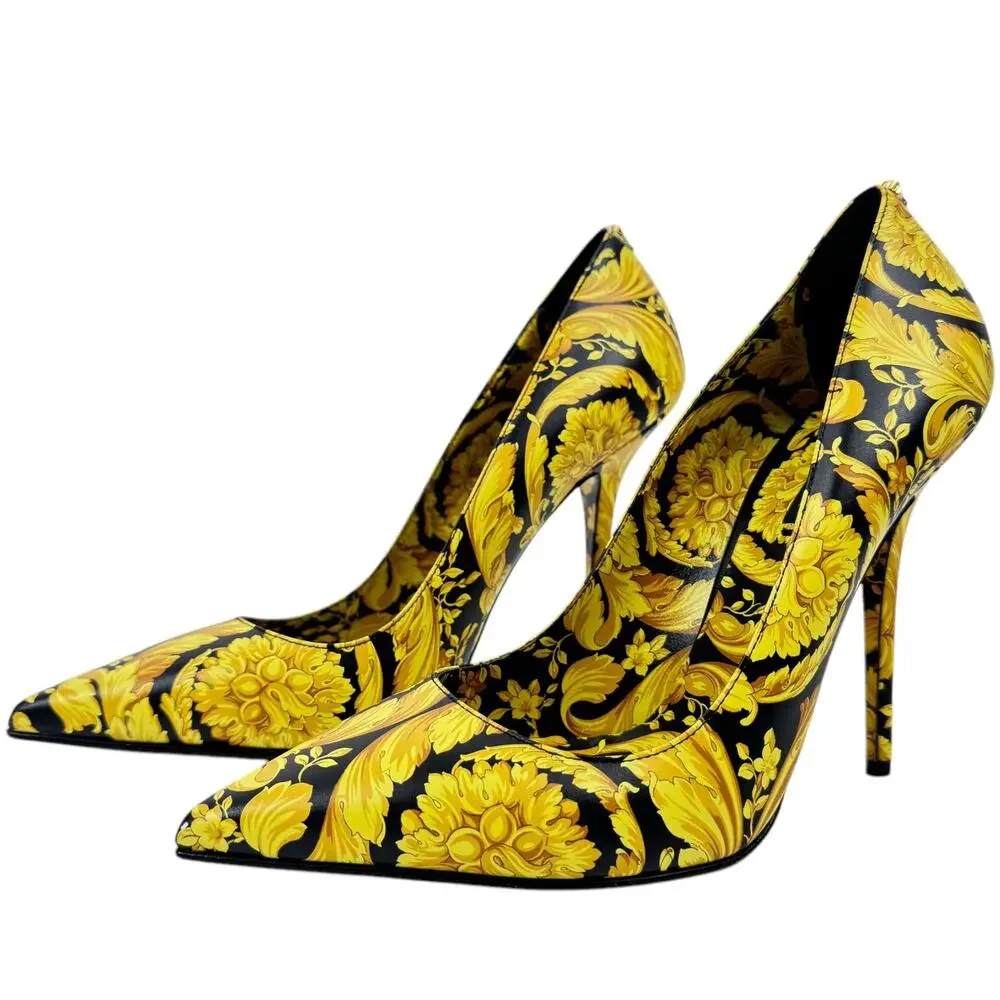 Versace Borocco Medusa Leather Heels Pointed Toe Printed Black And Gold 39.5